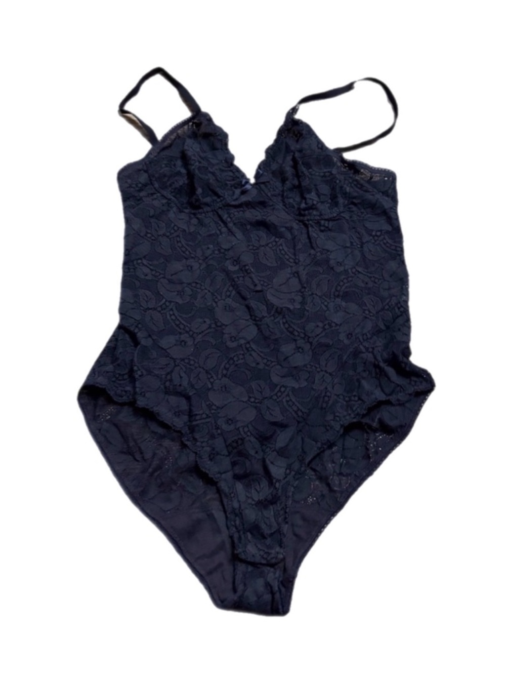 80s/90s European Vintage Floral Lace Underwire Bodysuit w Pearl Detail (Navy)M/L